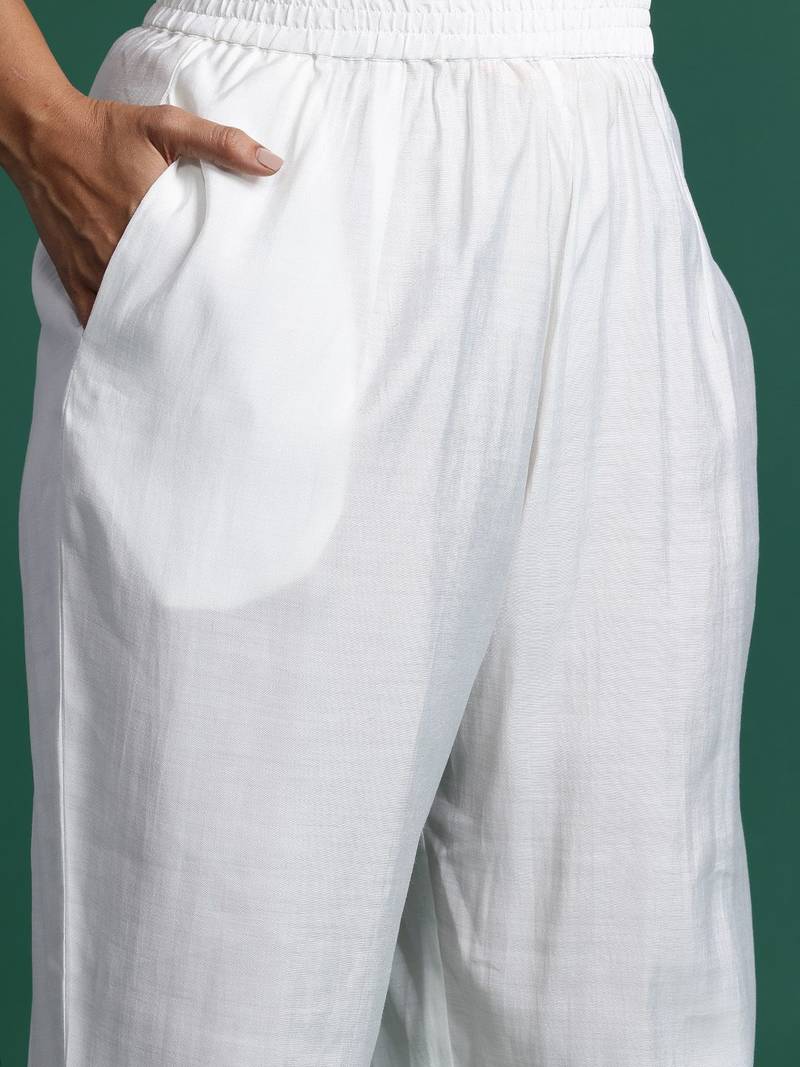 Plus Size White Embroidered Straight Kurta Trousers With Dupatta Set
