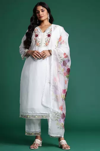 Plus Size White Embroidered Straight Kurta Trousers With Dupatta Set