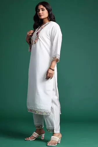 Plus Size White Embroidered Straight Kurta Trousers With Dupatta Set