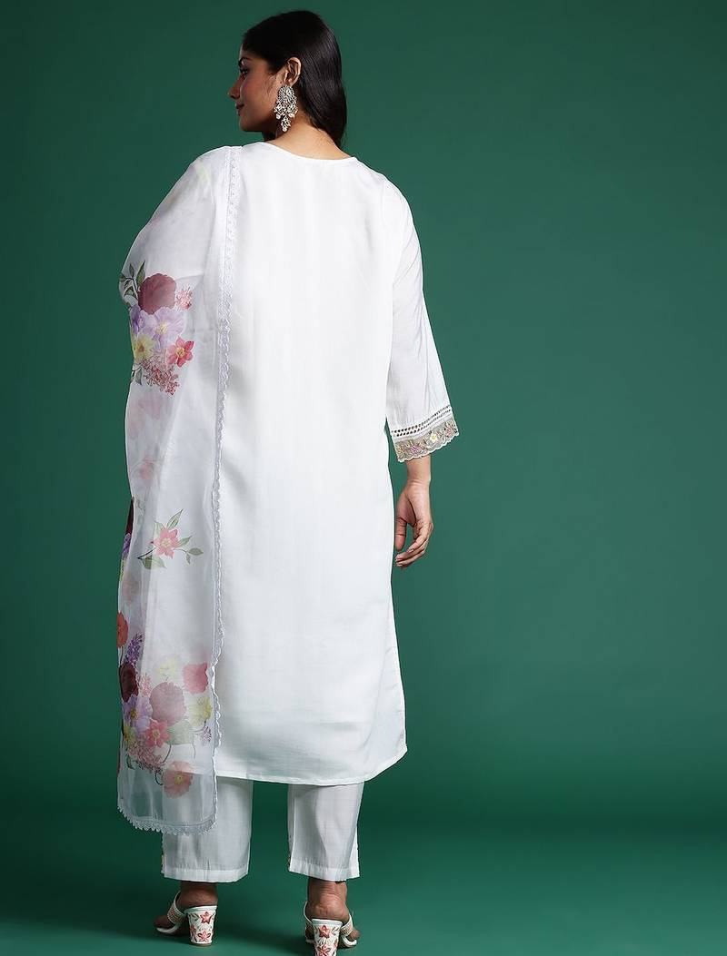 Plus Size White Embroidered Straight Kurta Trousers With Dupatta Set