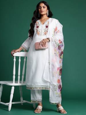 Plus Size White Embroidered Straight Kurta Trousers With Dupatta Set 8