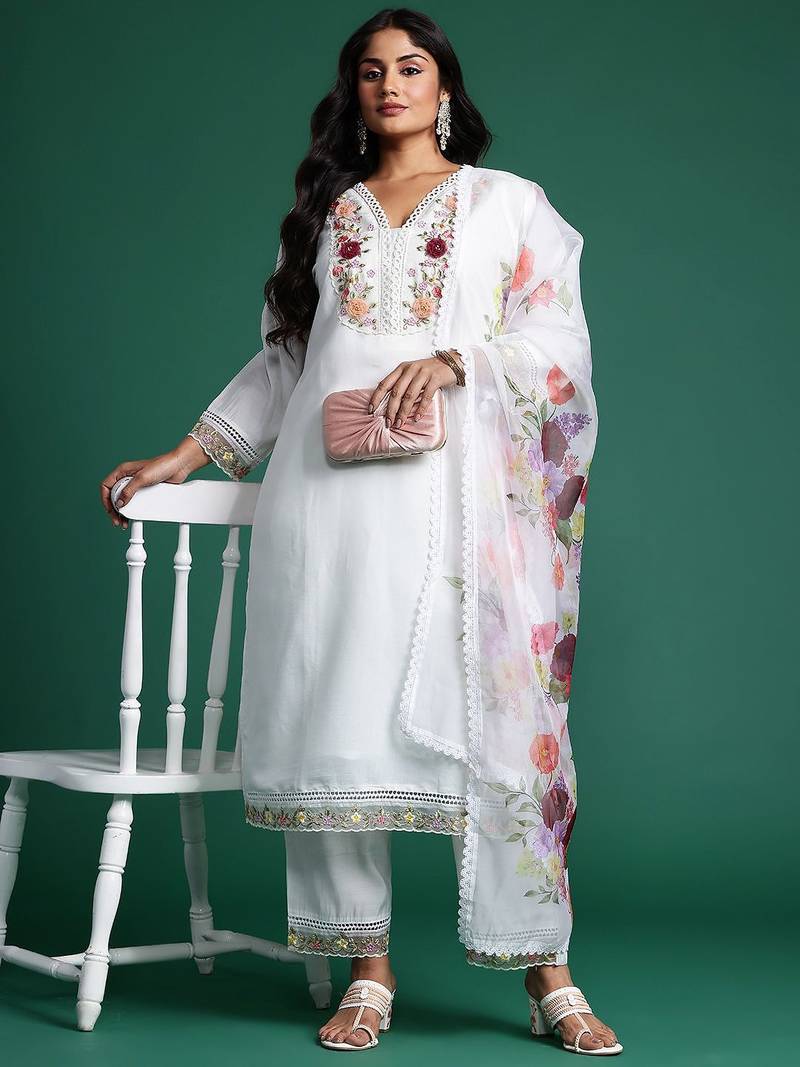 Plus Size White Embroidered Straight Kurta Trousers With Dupatta Set