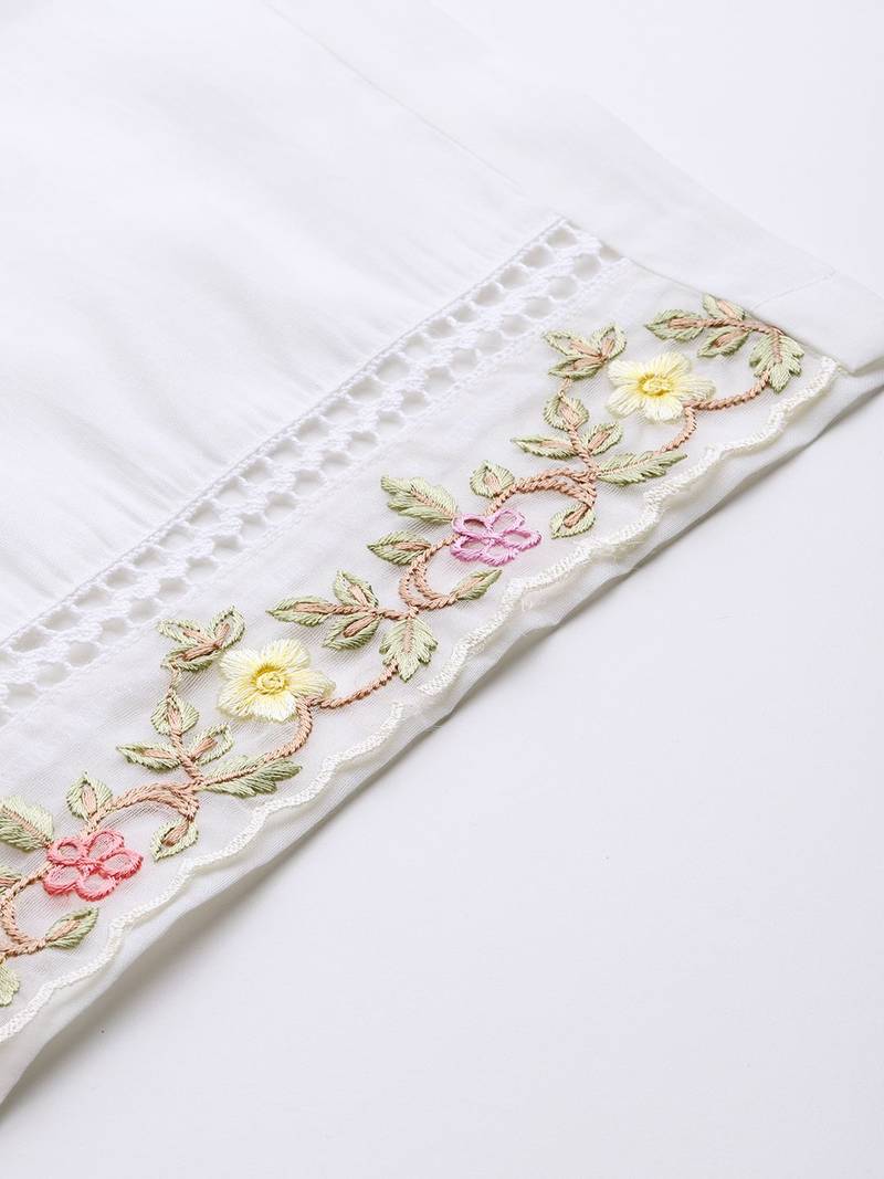 Plus Size White Embroidered Straight Kurta Trousers With Dupatta Set