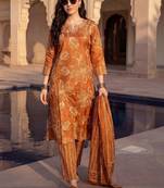 Women Floral Printed Regular Thread Work Kurta with Trousers & With Dupatta