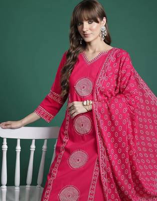 Ethnic Motifs Printed Panelled  Cotton Kurta with Trousers & With Dupatta 1