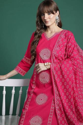 Ethnic Motifs Printed Panelled Cotton Kurta with Trousers & With Dupatta