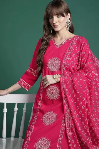 Ethnic Motifs Printed Panelled  Cotton Kurta with Trousers & With Dupatta