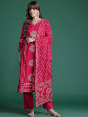 Ethnic Motifs Printed Panelled  Cotton Kurta with Trousers & With Dupatta 5