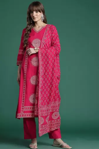Ethnic Motifs Printed Panelled  Cotton Kurta with Trousers & With Dupatta