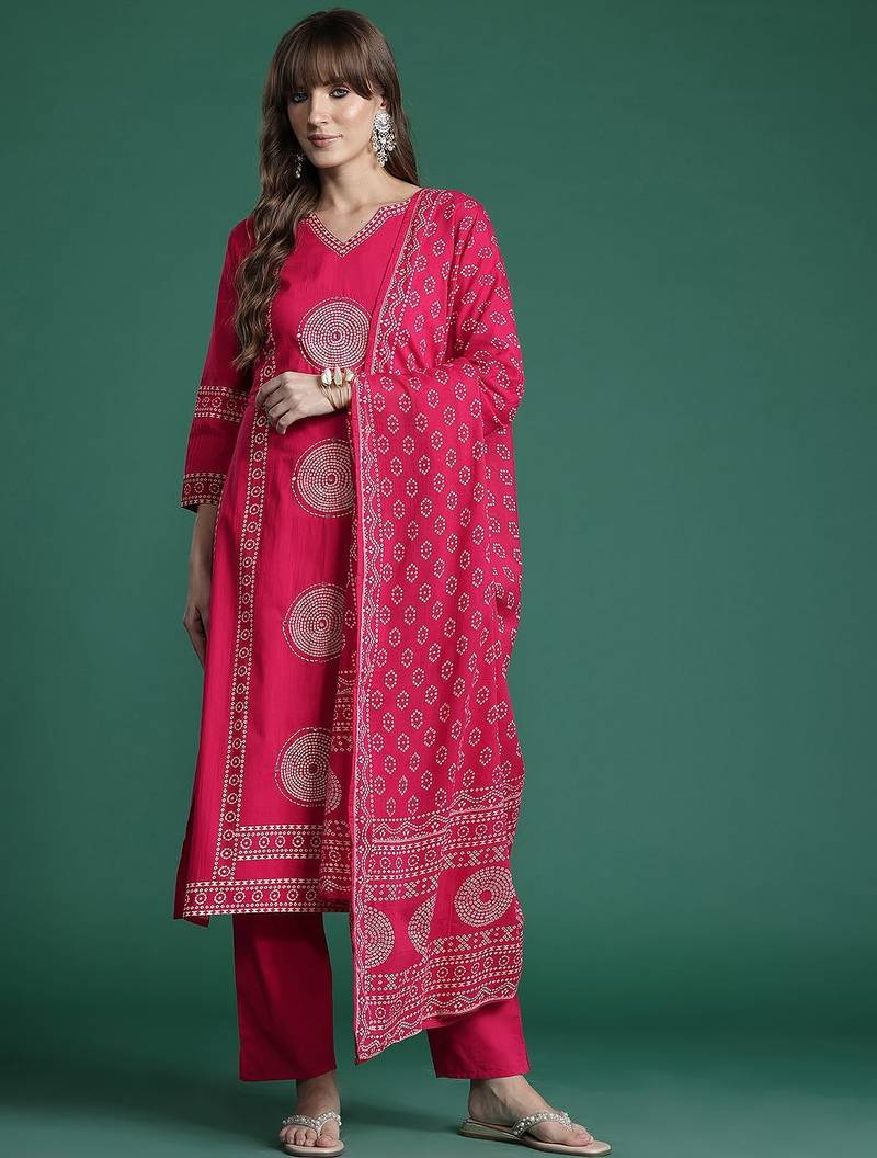 Ethnic Motifs Printed Panelled  Cotton Kurta with Trousers & With Dupatta