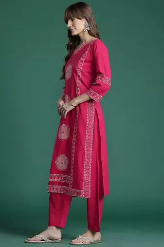 Ethnic Motifs Printed Panelled  Cotton Kurta with Trousers & With Dupatta