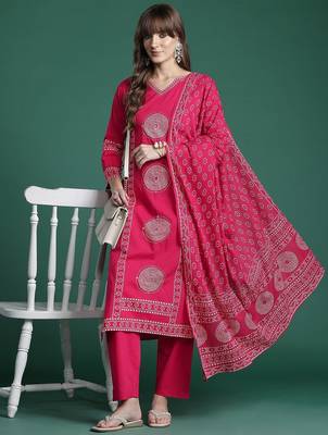 Ethnic Motifs Printed Panelled  Cotton Kurta with Trousers & With Dupatta 8