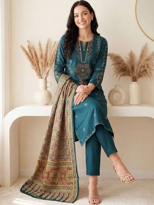 Women Ethnic Motifs Embroidered Regular Thread Work Pure Cotton Kurta with Trousers & With Dupatta 1
