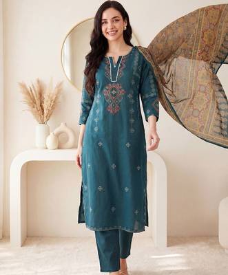 Women Ethnic Motifs Embroidered Regular Thread Work Pure Cotton Kurta with Trousers & With Dupatta 2