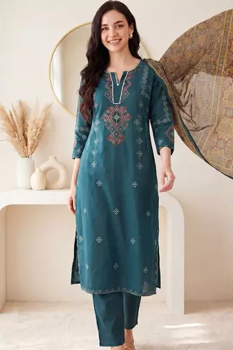 Women Ethnic Motifs Embroidered Regular Thread Work Pure Cotton Kurta with Trousers & With Dupatta