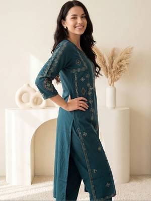 Women Ethnic Motifs Embroidered Regular Thread Work Pure Cotton Kurta with Trousers & With Dupatta 4