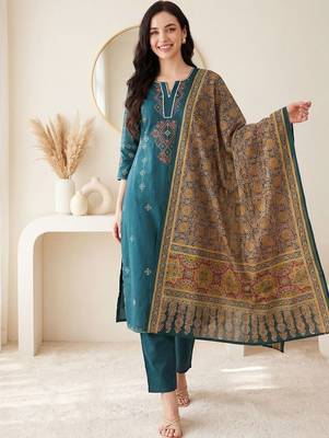 Women Ethnic Motifs Embroidered Regular Thread Work Pure Cotton Kurta with Trousers & With Dupatta 5
