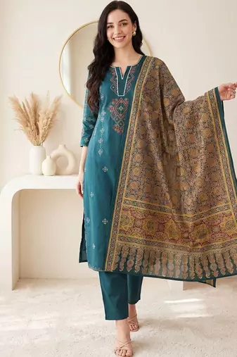 Women Ethnic Motifs Embroidered Regular Thread Work Pure Cotton Kurta with Trousers & With Dupatta