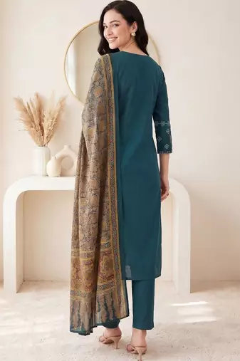 Women Ethnic Motifs Embroidered Regular Thread Work Pure Cotton Kurta with Trousers & With Dupatta