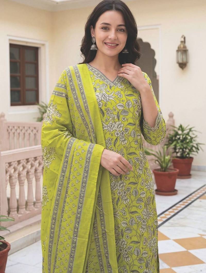 Women Floral Printed Regular  Cotton Kurta with Trousers & With Dupatta
