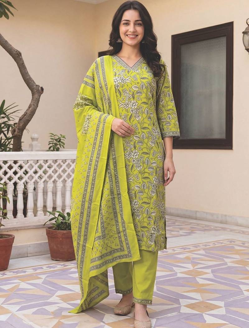 Women Floral Printed Regular  Cotton Kurta with Trousers & With Dupatta