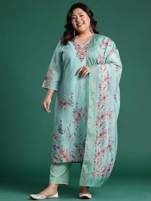 Plus Size Sea Green Embroidered Straight Kurta Trousers With Dupatta set 1