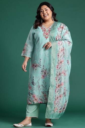 Plus Size Sea Green Embroidered Straight Kurta Trousers With Dupatta set