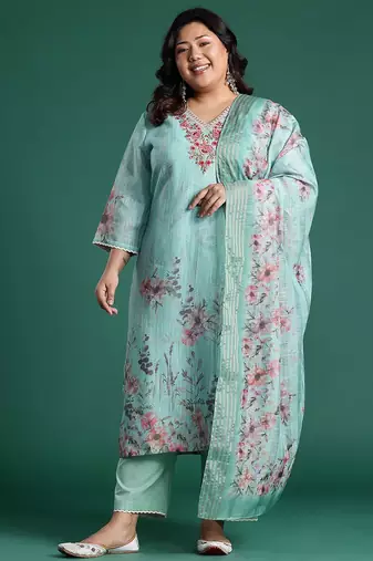 Plus Size Sea Green Embroidered Straight Kurta Trousers With Dupatta set