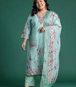 Plus Size Sea Green Embroidered Straight Kurta Trousers With Dupatta set