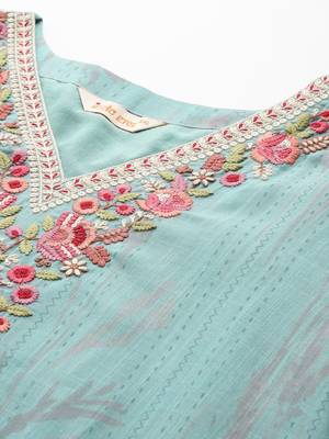 Plus Size Sea Green Embroidered Straight Kurta Trousers With Dupatta set 2