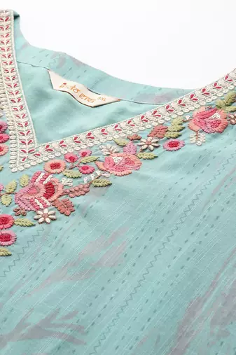 Plus Size Sea Green Embroidered Straight Kurta Trousers With Dupatta set