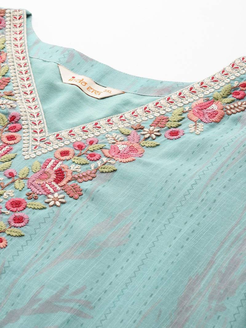 Plus Size Sea Green Embroidered Straight Kurta Trousers With Dupatta set
