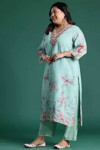 Plus Size Sea Green Embroidered Straight Kurta Trousers With Dupatta set