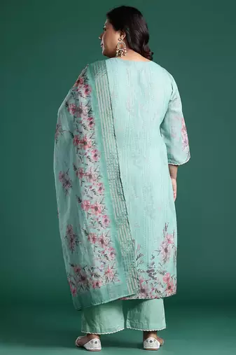 Plus Size Sea Green Embroidered Straight Kurta Trousers With Dupatta set