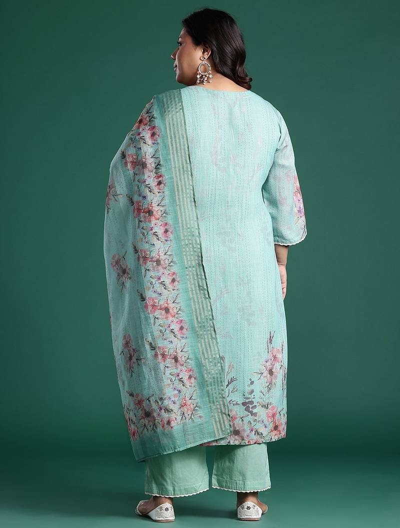 Plus Size Sea Green Embroidered Straight Kurta Trousers With Dupatta set