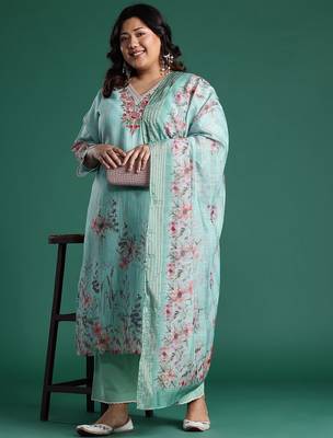 Plus Size Sea Green Embroidered Straight Kurta Trousers With Dupatta set 7