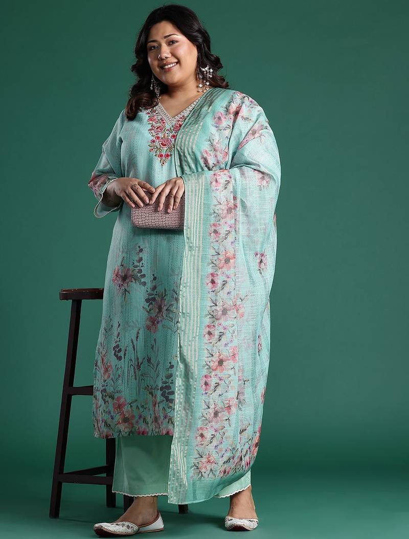 Plus Size Sea Green Embroidered Straight Kurta Trousers With Dupatta set