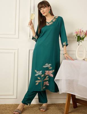 Floral Printed Thread Work  Cotton Kurta With Palazzos 1