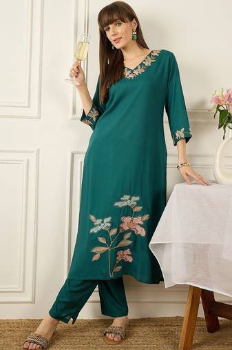 Floral Printed Thread Work  Cotton Kurta With Palazzos