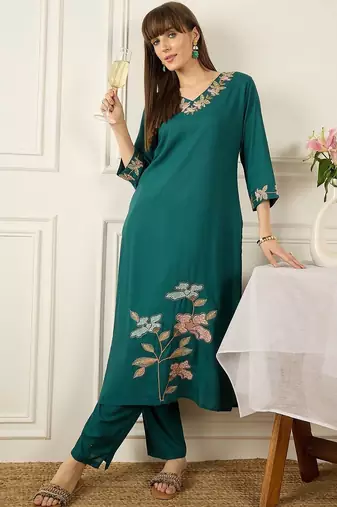 Floral Printed Thread Work  Cotton Kurta With Palazzos