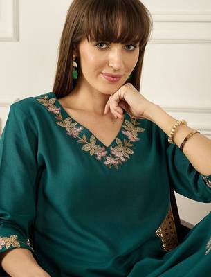 Floral Printed Thread Work  Cotton Kurta With Palazzos 2