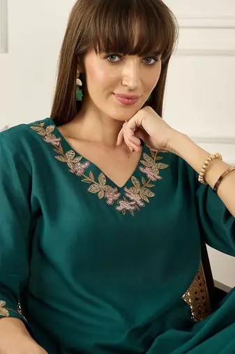 Floral Printed Thread Work  Cotton Kurta With Palazzos