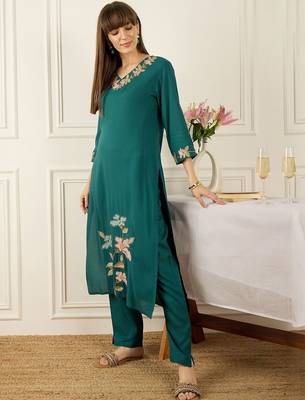 Floral Printed Thread Work  Cotton Kurta With Palazzos 3