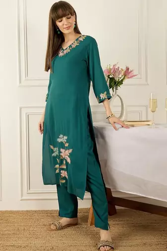Floral Printed Thread Work  Cotton Kurta With Palazzos