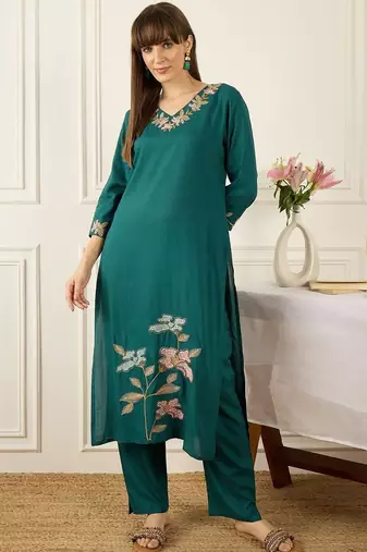 Floral Printed Thread Work  Cotton Kurta With Palazzos