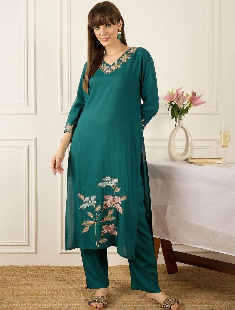 Floral Printed Thread Work  Cotton Kurta With Palazzos