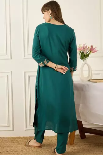 Floral Printed Thread Work  Cotton Kurta With Palazzos