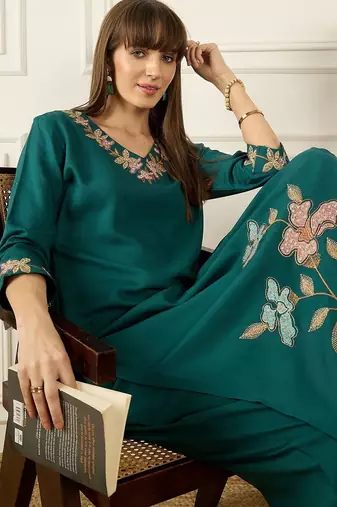 Floral Printed Thread Work  Cotton Kurta With Palazzos