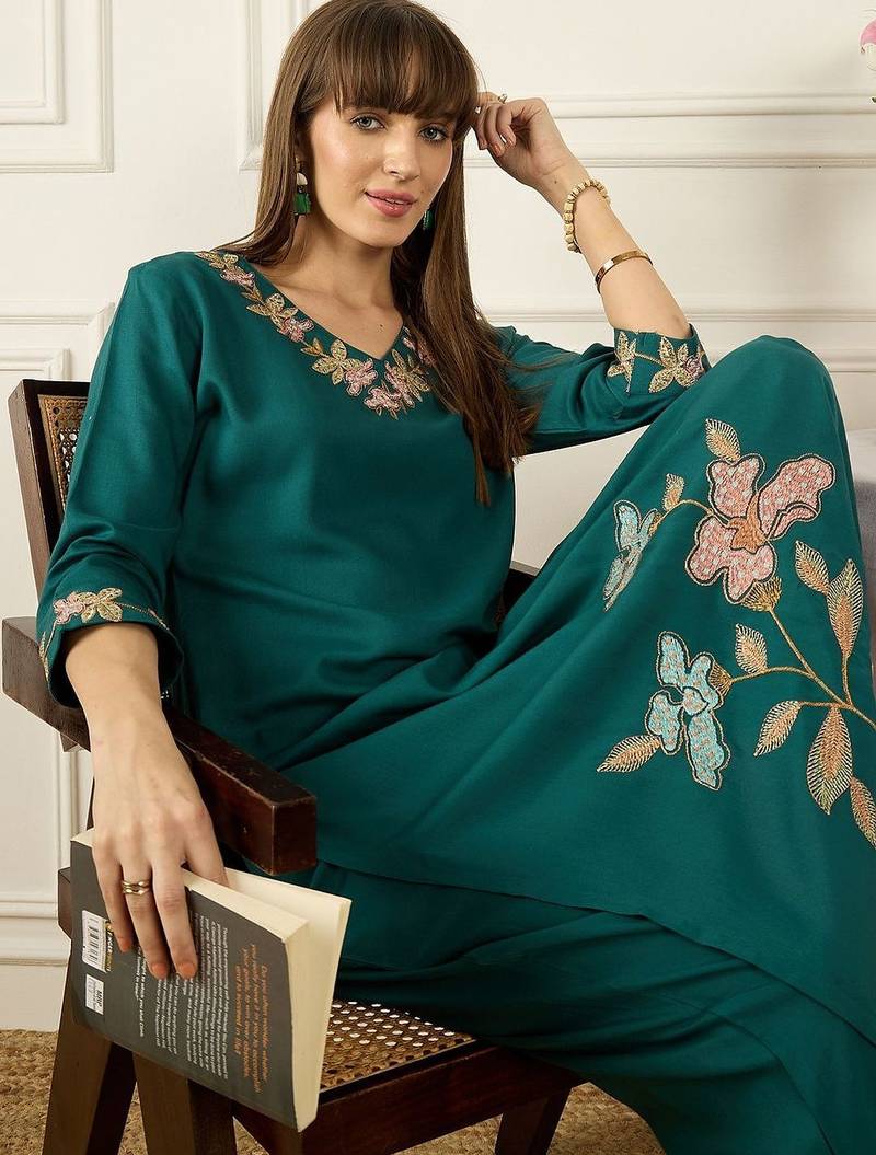 Floral Printed Thread Work  Cotton Kurta With Palazzos