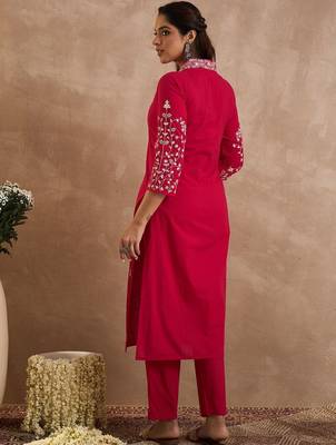 Women Ethnic Motifs Embroidered Cotton Kurta with Trousers 5